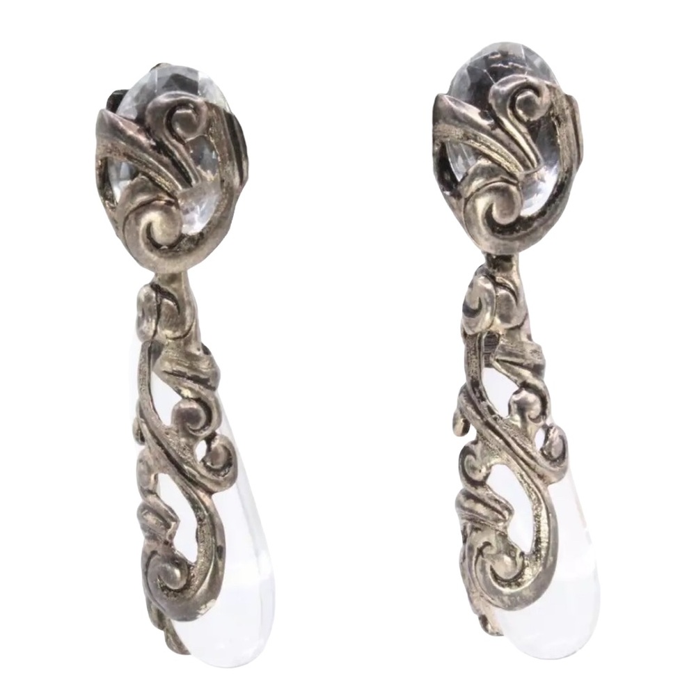 Isabel Canovas Lucite Silver Clip Earrings  3.5" French Couture Unsigned